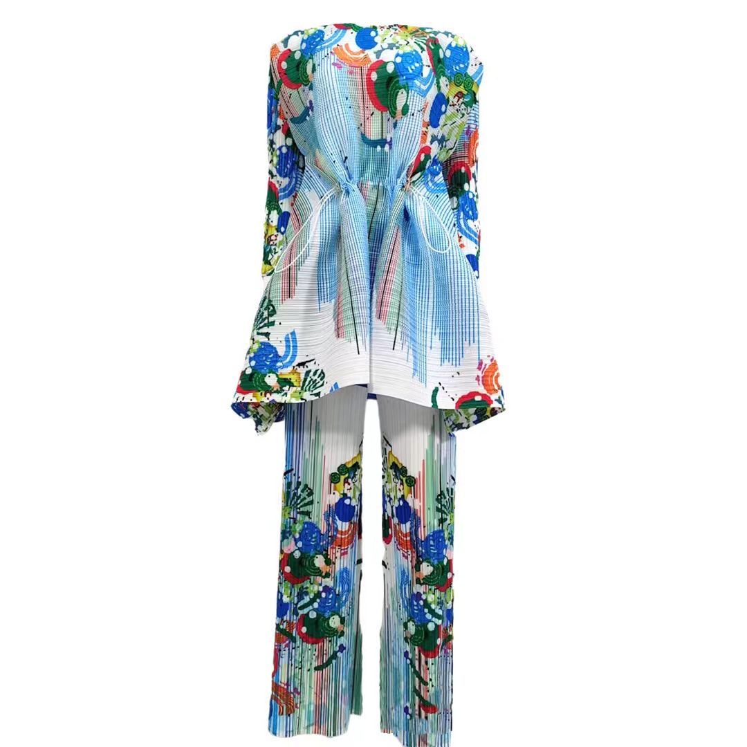 Women's Clothing fashion print pleated drawstring top trousers _voghion.com