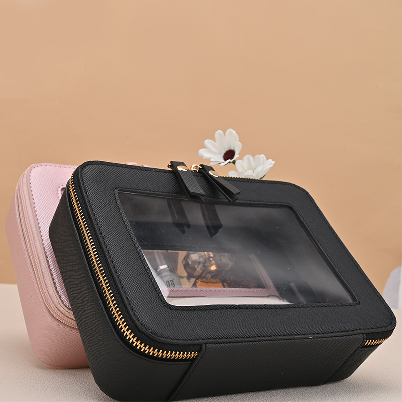Bolsas de maquillaje transfronterizas ventanas transparentes al por mayor bolsas de maquillaje PU personalizadas para mujeres coreanas