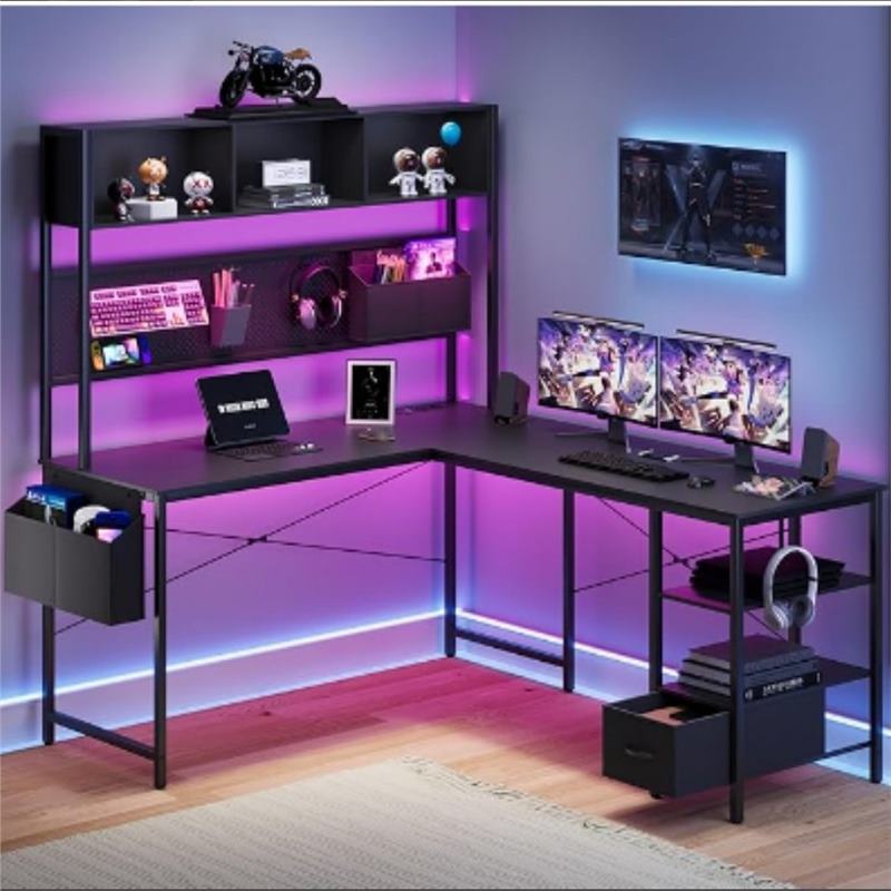 L-Shaped Elevated Computer Desk with Storage Drawers and Hanging Pockets, Open Partition Shelves, Large Capacity, Includes Light Strip and Power Strip L-Shaped Elevated Computer Desk with Storage Drawers and Hanging Pockets, Open Partition Shelves, Large Capacity, Includes Light Strip and Power Strip