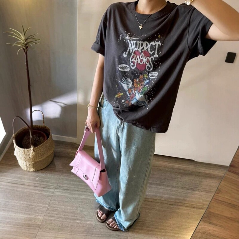 Yang Chaoyue's Same Style 2026 Summer New Cartoon Fun Vintage Graffiti Short Design Sweet T-Shirt for Women