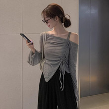 韩国东大门2025新款时尚百搭气质魅力露肩褶皱系带荷叶袖舒适T恤