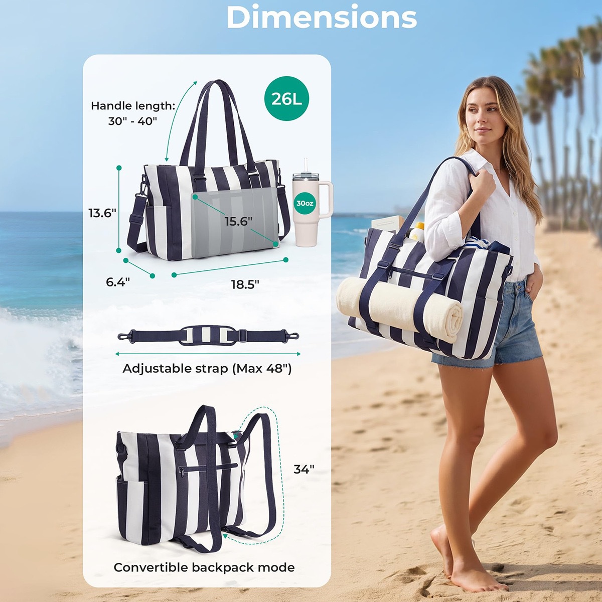 Bolsa de playa a prueba de agua a rayas transfronterizas de gran capacidad de vacaciones en el mar bolsa al por mayor