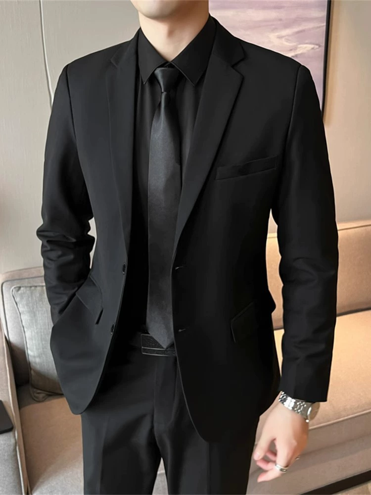 Мужской классический костюм‑пиджак slim fit, чёрный, высокое качество, с опцией галстука