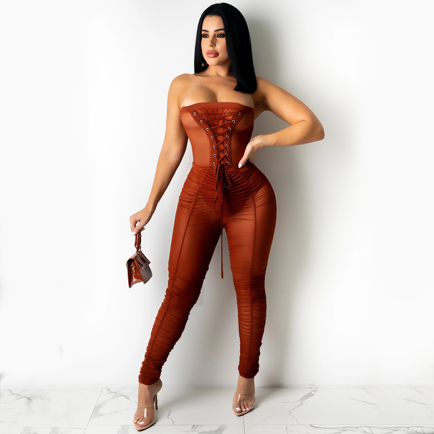 solid color wrapped chest sexy see-through jumpsuit nihaostyle clothing wholesale NSXYZ68563