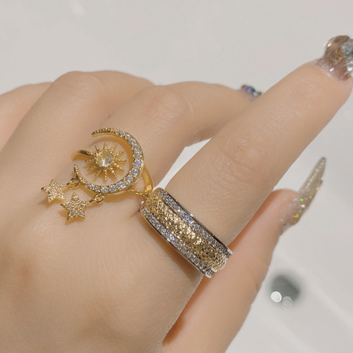 Versa Japanese light luxury sun, moon and star language index finger ring gold-plated micro-zirconia simple ins fashion live mouth ring