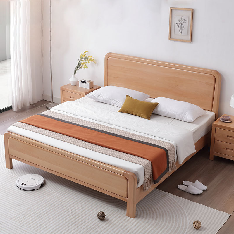 Modern Simple Beech Solid Wood Bed Full-size New Solid Wood Bed Master Bedroom Storage Air Pressure High Box Wedding Bed Thickened