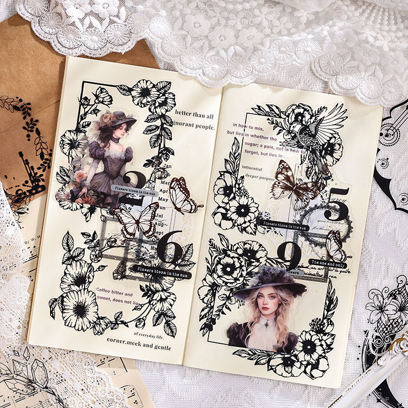 Flor Sueño Salmos transparente pegatinas impermeables para mascotas bolsas diy diario de mano material de decoración en blanco y negro elementos pegatinas de marco