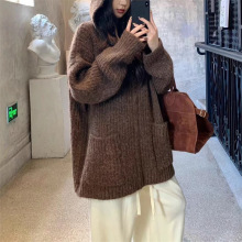 韩系慵懒风连帽针织毛衣外套女2025新款秋冬跨境宽松中长款开衫厚