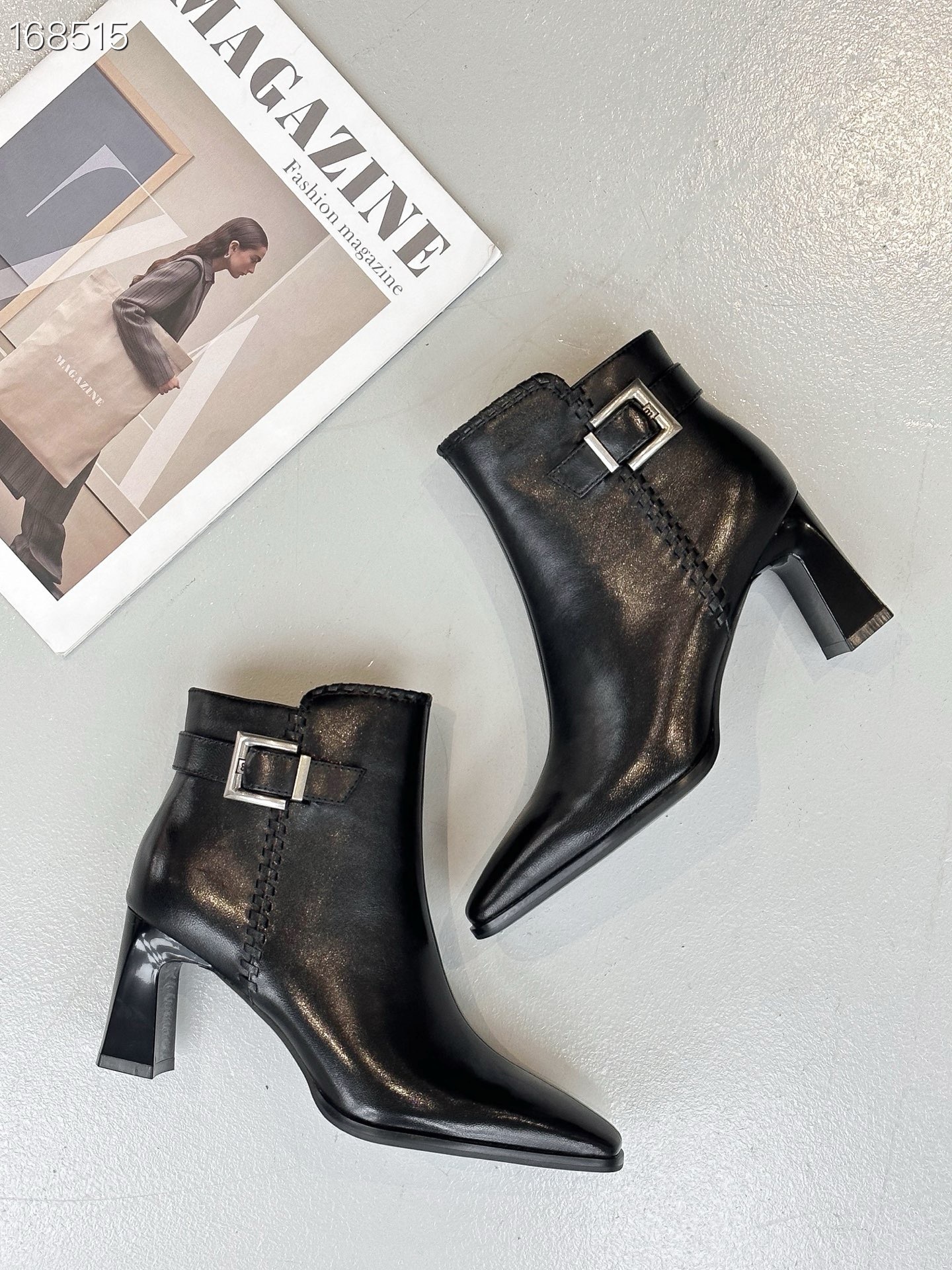 Boot nữ cổ thun gót vuông khóa kéo bên mũi vuông phong cách Chelsea — Màu đen chi tiết 9