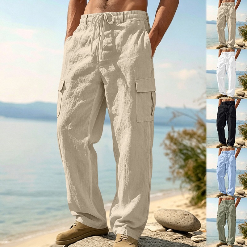 KOOSSOASIS Men's Summer Linen Overalls Loose Breathable Casual Pants Cotton And Linen Beach Pants_viptrois.com