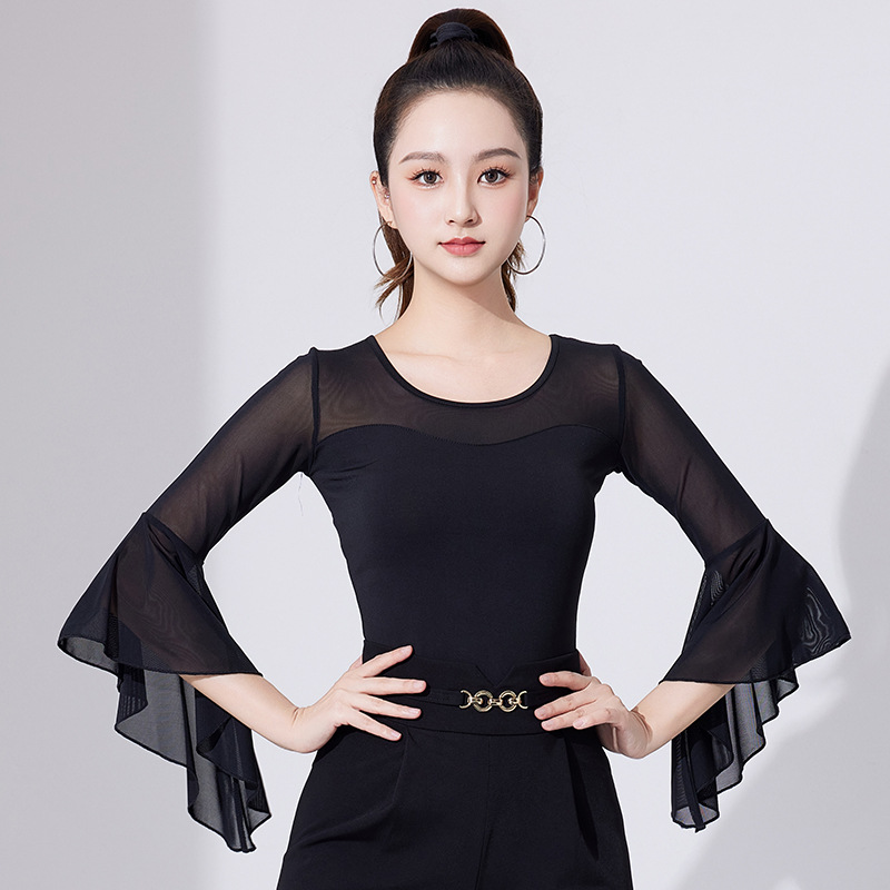 Latin dance top women's training clothing 2024 new national standard modern dance one-piece mesh stitching sleeve