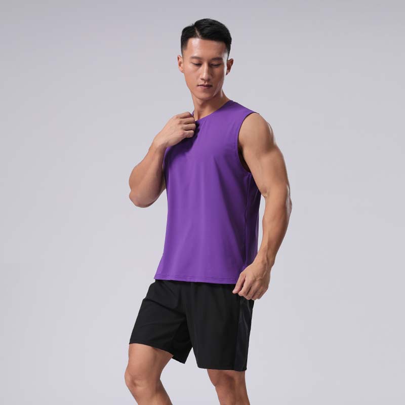 Verano hombres de seda de hielo deportes fitness Chaleco de secado rápido entrenamiento transpirable sin mangas casual suelta cuello redondo corte manga