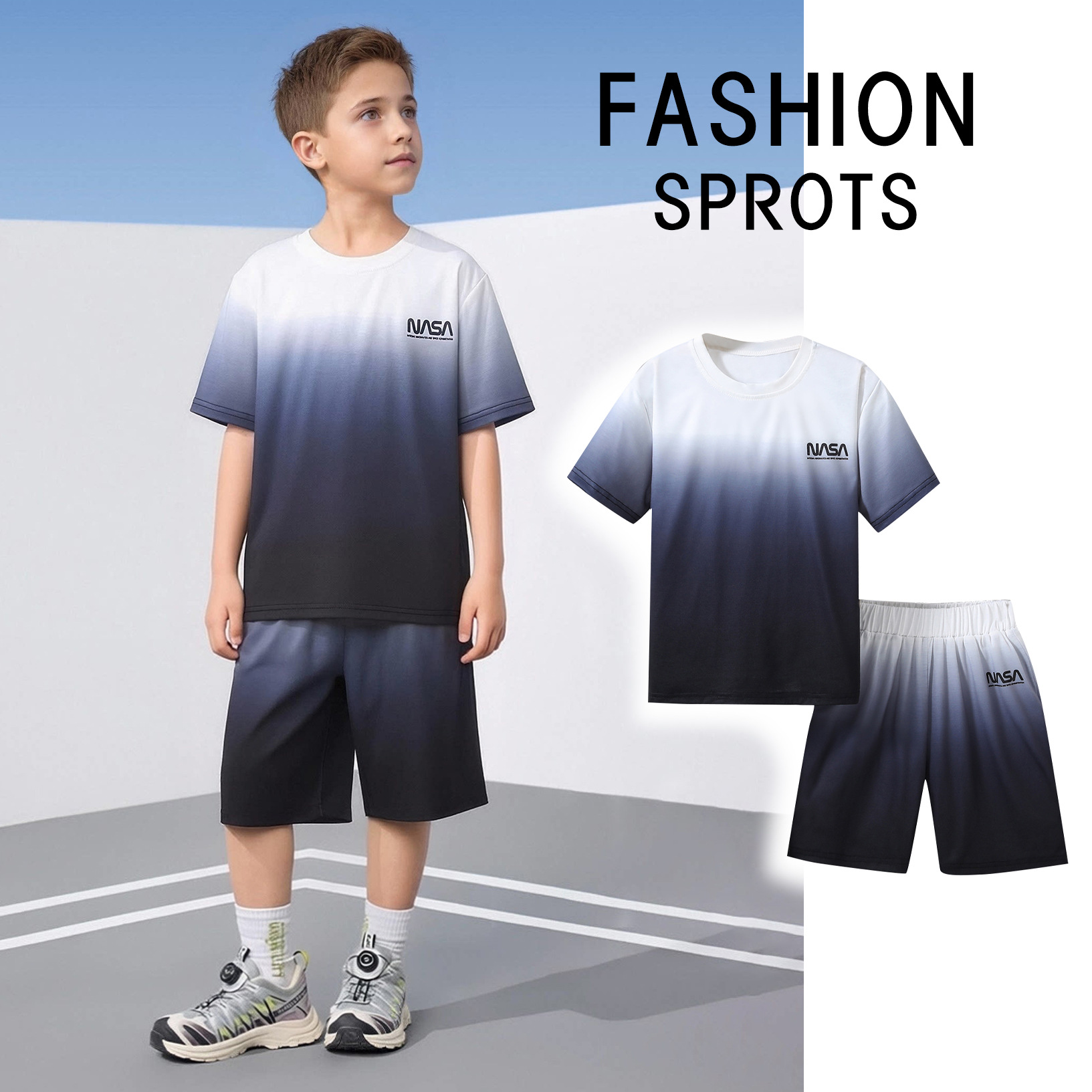 Children's Summer Casual Outfit, Boys' Gradient Color Short-Sleeved T-Shirt and Shorts Two-Piece Set, Kidsren's Summer Sports Suit