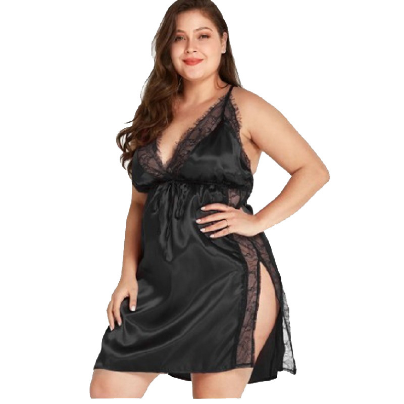 Cross-Border Sexy Pajamas Large Size Lace Stitching V Neck Satin Women's Summer Suspenders Sexy Home Wear Sexy Nightgown
