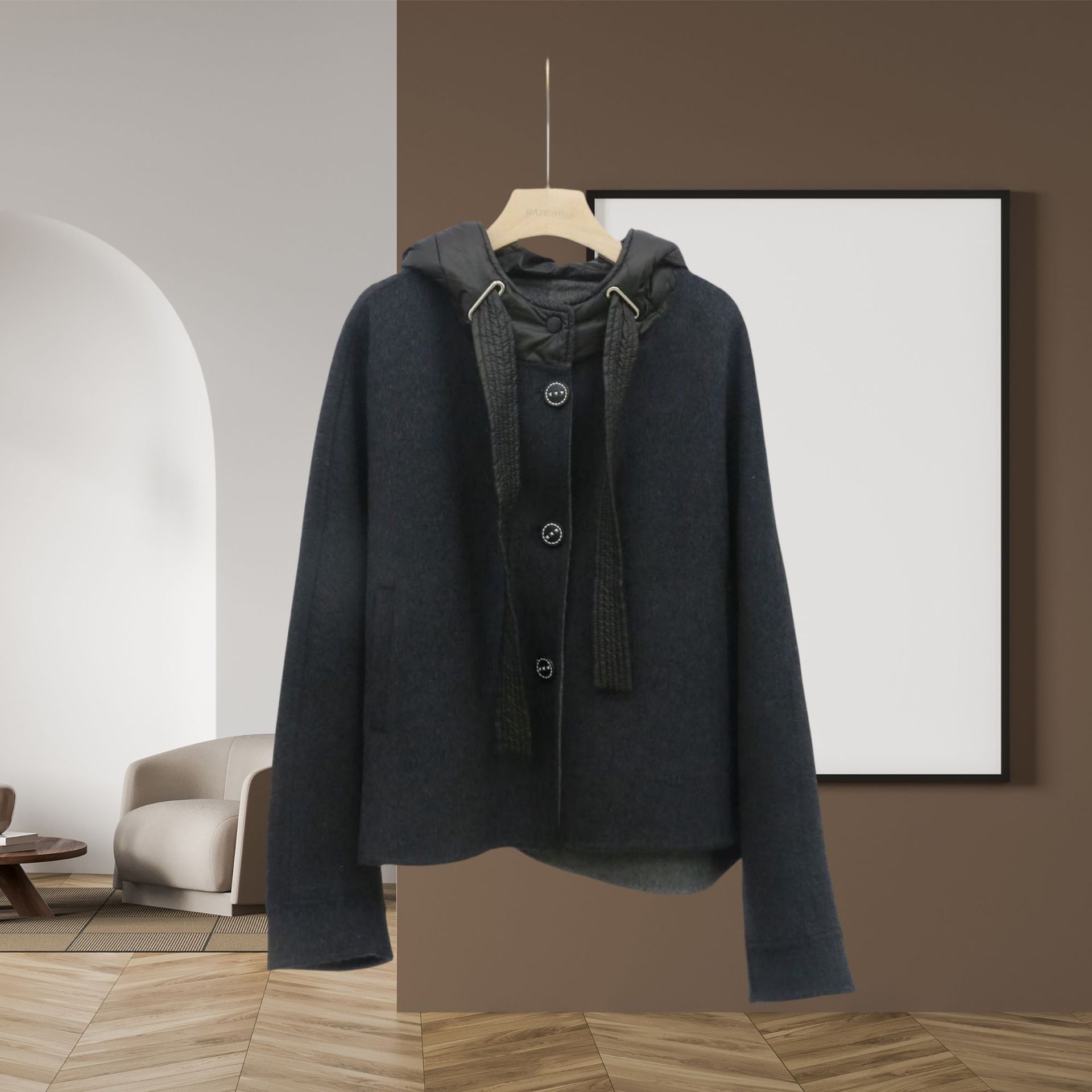 2025秋冬新款小个子显高连帽短款双面羊毛大衣显瘦蝙蝠袖毛呢外套