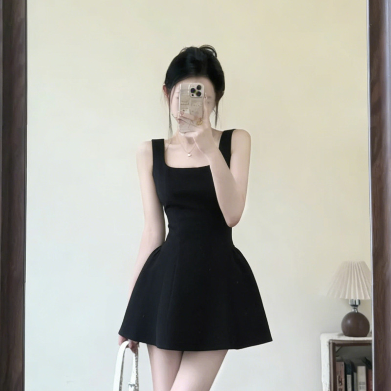 Black Waist-Cinching Spaghetti Strap Dress for Women, Unique and Beautiful Summer Dress with a Fitted Waist, Hepburn-Style Little Black Dress, A-Line Short Dress Black Waist-Cinching Spaghetti Strap Dress for Women, Unique and Beautiful Summer Dress with a Fitted Waist, Hepburn-Style Little Black Dress, A-Line Short Dress