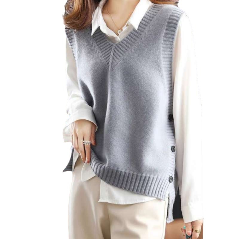 【Familia Cashmere】 Chaleco de punto de lana con cuello en V de temperamento femenino, combinado con suéter sin mangas, camisola, pantalón corto_voghion.com