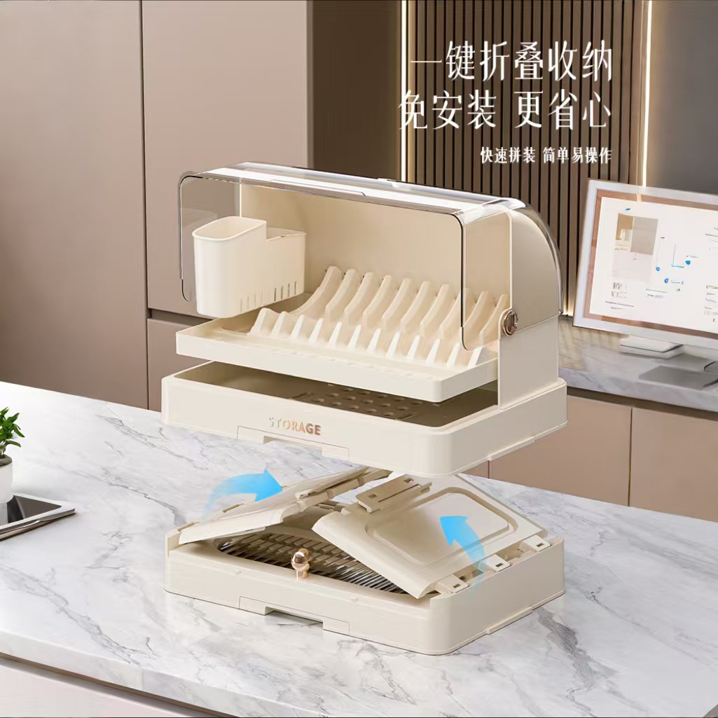Nuevo tipo transfronterizo de cocina multicapa drenaje cubierta plegable a prueba de polvo platos estante de almacenamiento de platos de cocina estante de almacenamiento de cubiertos de cocina
