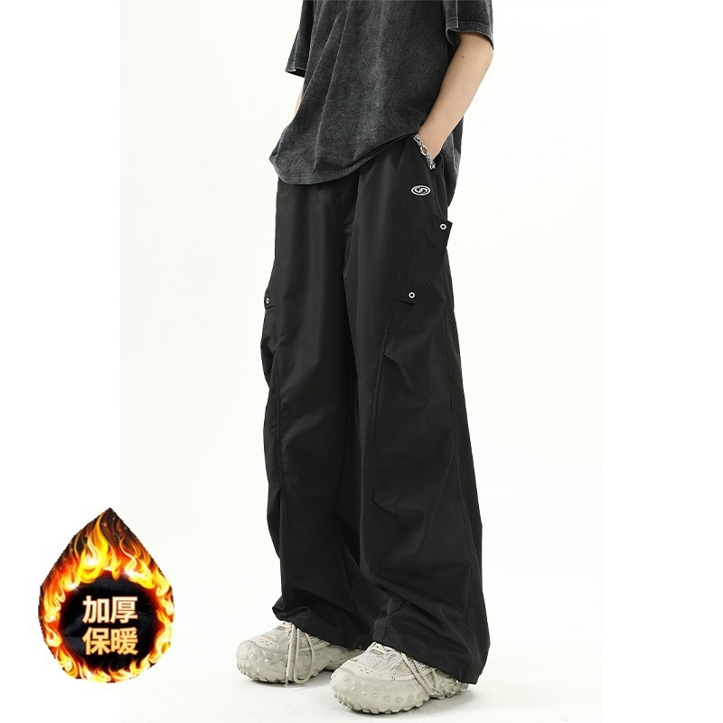 Trendy Versatile Cargo Parachute Pants for Men 2025 New Autumn and Winter Loose Fleece-Lined Straight Casual Pants