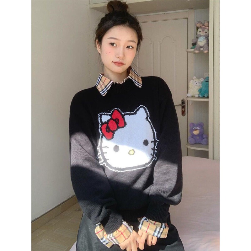 Autumn and winter cute wear a set of cartoon Kate cat embroidered pullover sweater female students check long sleeve shirt