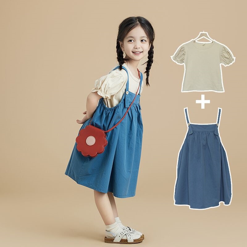 Girls' Outfit with Suspender Skirt, Summer Children's Clothing for Little Girls, Korean Style Cotton Dress, New Model