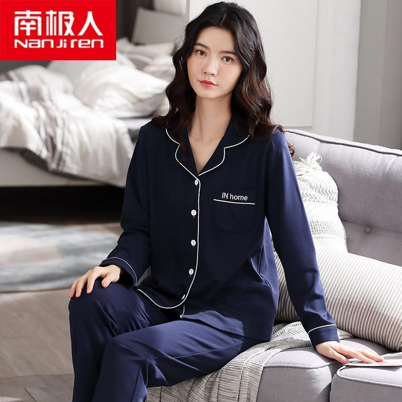 Otoño simple nuevos pantalones de manga larga más el tamaño de las mujeres pijamas 100% algodón traje de desgaste para el hogar