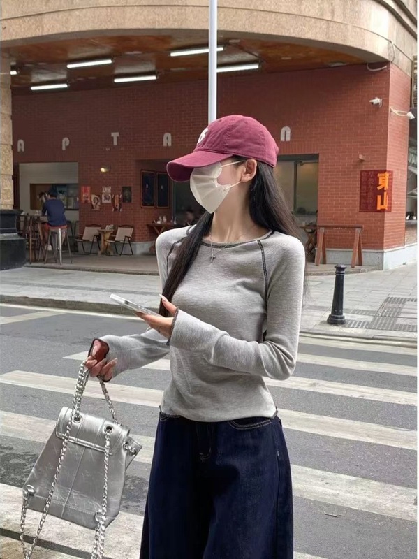 插肩别致韩系长袖t恤女2025早春设计感超好看别致独特显瘦上衣ins|undefined