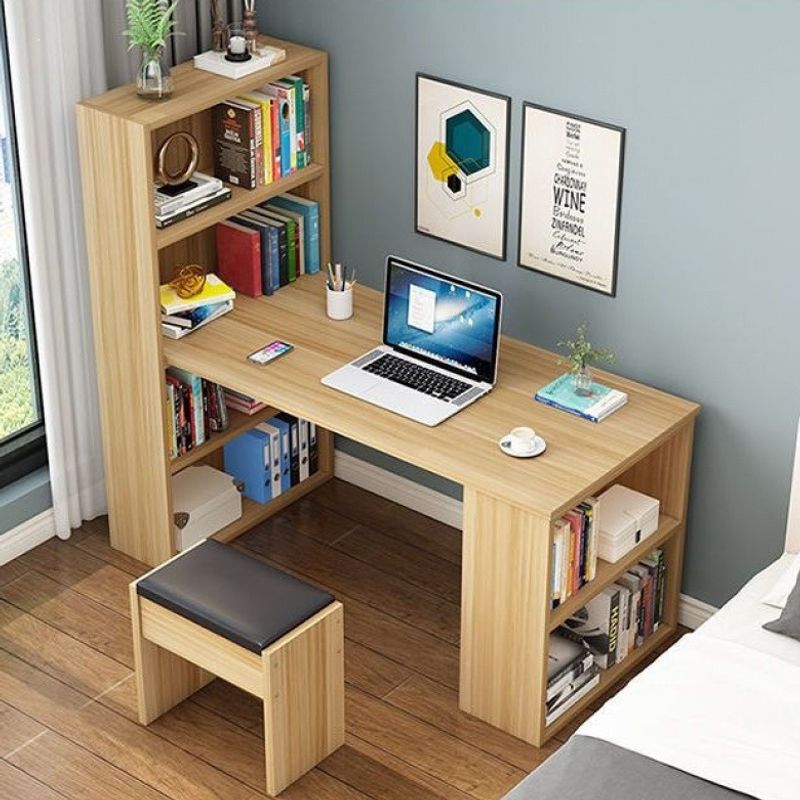 Double desk with integrated bookshelf, student study desk, computer desk, desktop, home desk, workstation, suitable for placement near a window