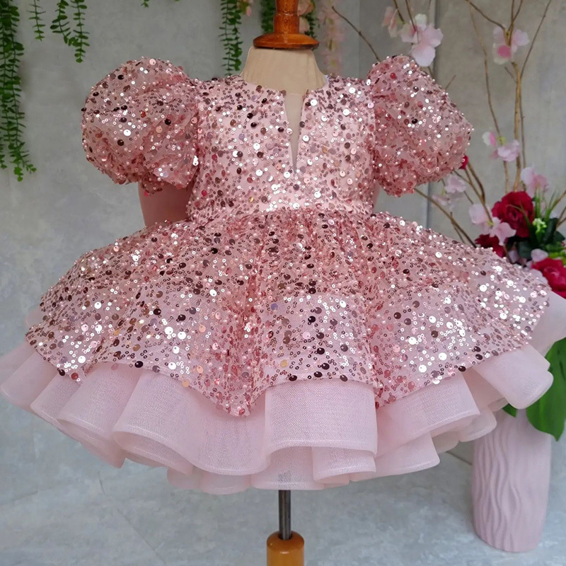 Princess Dress兒童禮服粉色歐美中小童亮片走秀泡泡袖公主裙批發