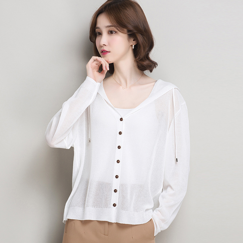 Ice Silk Hooded Knitted Cardigan Jacket Women's Thin Summer New Product Japanese and Korean Hot Selling Solid Color Loose Sun Protection Top Shawl