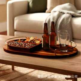 跨境桌面小吃托盘木质椭圆形带把手果盘聚会点心坚果收纳盘茶杯盘