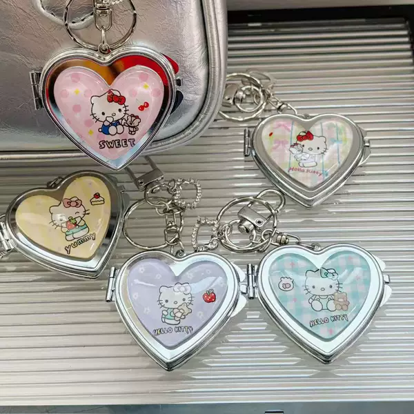 Korean Ins-Style Cute Cartoon Kt Cat Heart-Shaped Portable Mirror Keychain Bag Pendant Makeup Mirror Portable Mirror