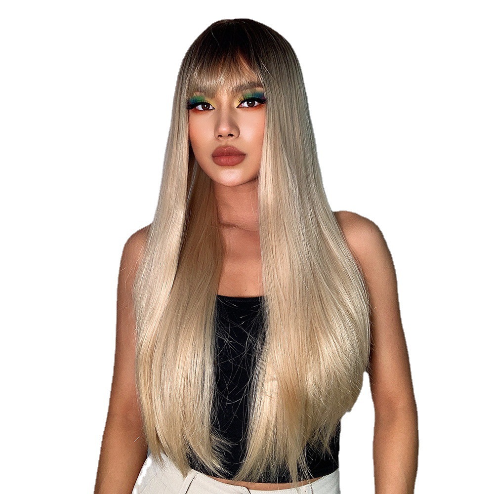 Synthetic New Qi Liu Hai Gradient Gray Long Straight Hair Chemical Fiber High Temperature Silk Wigs Wig Headband_voghion.com