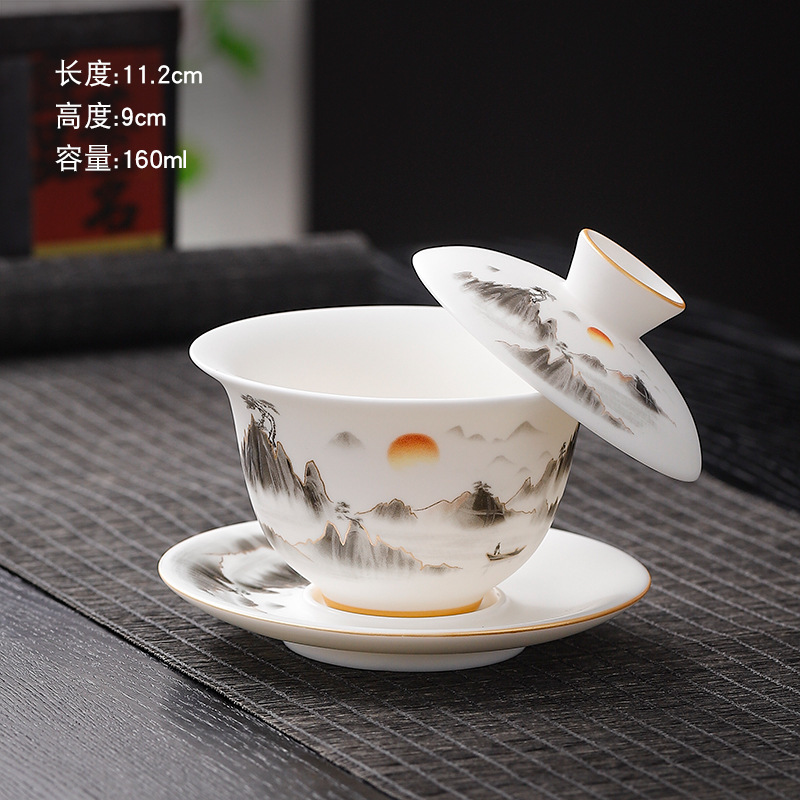 つや消しクリーム白羊脂玉カンフー茶器単品ホバー三才蓋碗遠山小茶杯家庭用ティーポット|undefined