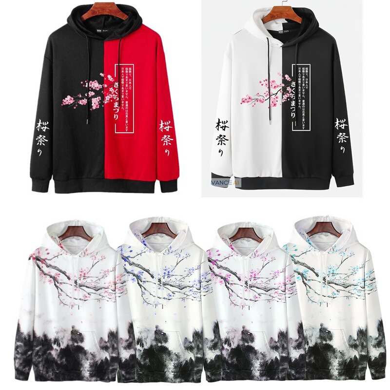 Spring and Autumn Plum Blossom Sweater Mountain Ink Painting Casual Hooded Pullover 3D Digital Printing Long Sleeve Peach Blossom Jacket for Men