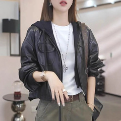 欧货连帽假两件皮衣机车女2025秋新款时尚气质休闲百搭皮衣外套潮