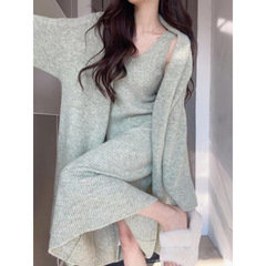 年春秋新款感气质女神范长款针织毛衣外套连衣裙两件套女
