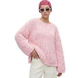 现货 跨境新款欧美外贸纯手工棒针纯色宽松慵懒毛衣外套女sweater