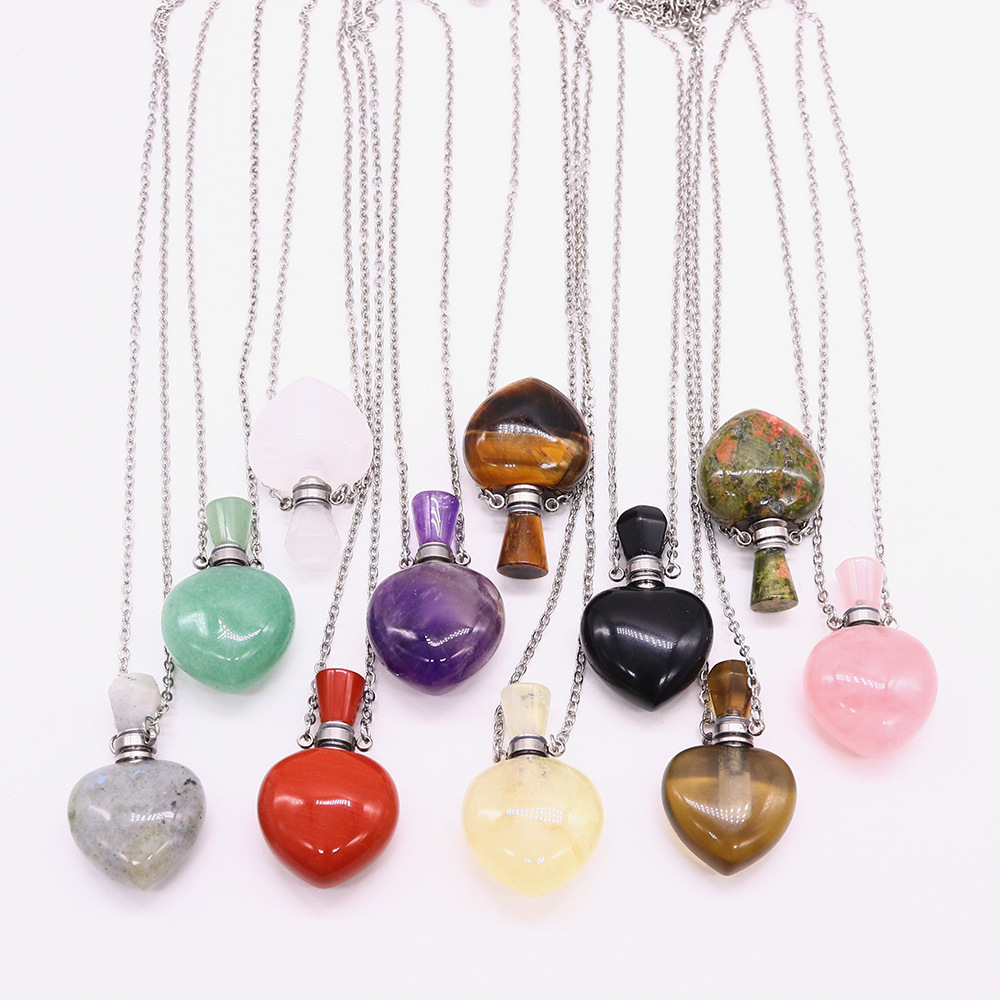Natural Crystal Heart Perfume Bottle Necklace Aromatherapy Pendant_voghion.com