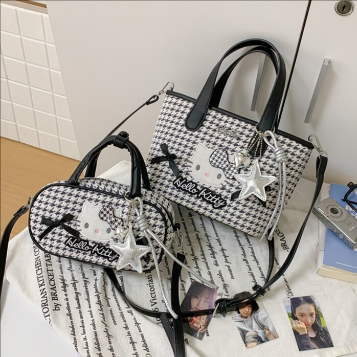 High-Quality Black and White Houndstooth Boston Bag for Girls, Cute Cartoon Cat Backpack, Exquisite Casual Handbag
