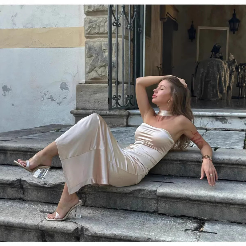Cross-Border French-Style High-Waisted Fashionable Satin Elegant Slim-Fit Evening Dress 2026 Spring/Summer Simple Halter Neck Slim-Fit Long Dress