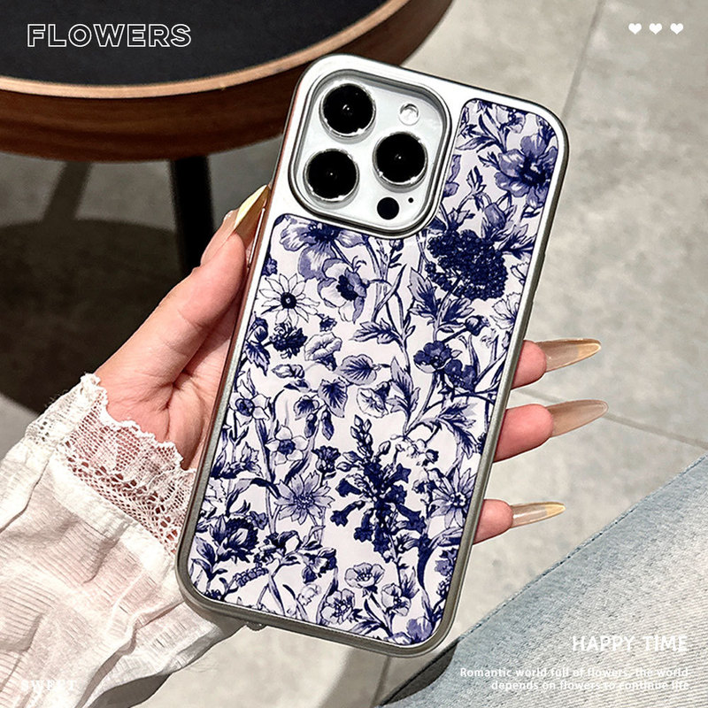 Apple 16PM 中国風青と白の磁器ブルーフラワー携帯電話ケース iphone15pro シルバーエッジ接着剤保護ケースに適しています。|undefined