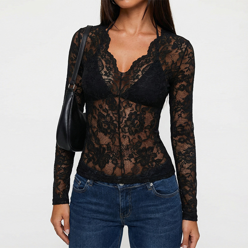 European and American Cross-Border Sexy Lace Shirt 2026 New Amazon Export Slim Lace Bottoming Top Women's Clothing