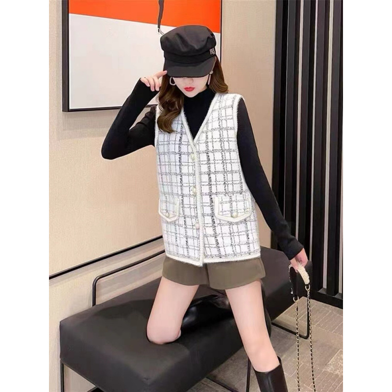 Xiaofang chaleco a cuadrícula chaqueta de mujer sin mangas para usar abrazadera de caballo imitación de agua de invierno invierno cardigan de punto