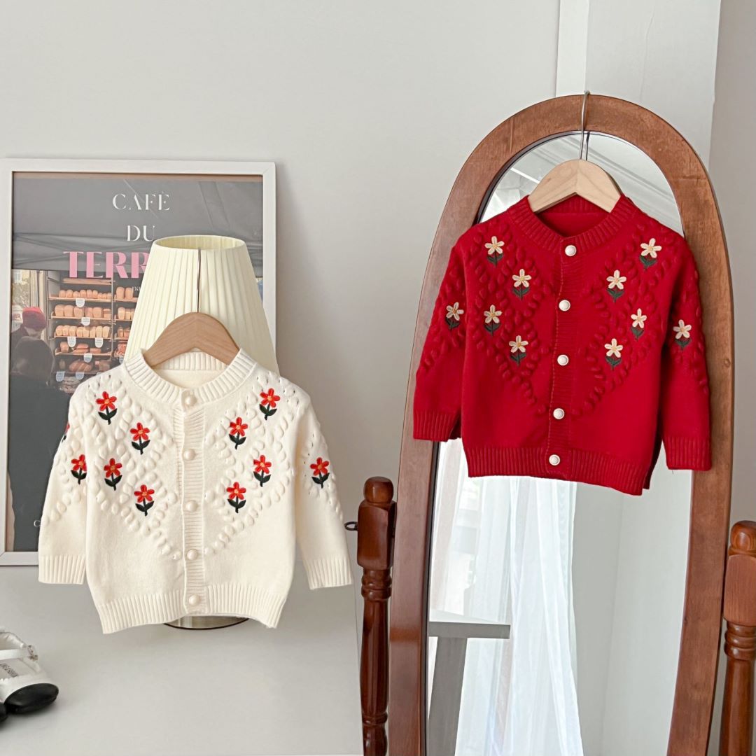 JINYONG Kinderpullover Neue koreanische Ausgabe Western Sweet bestickte Blume 3D Ball Strickmantel für Mädchen_voghion.com