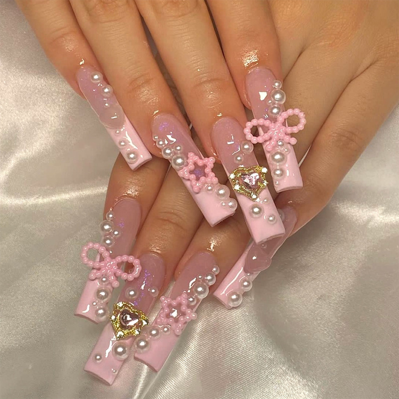 Spice girl love drill xxl extended water pipe French pearl bow wear nail nail patch fake nails wholesale ~ Spice girl love drill xxl extended water pipe French pearl bow wear nail nail patch fake nails wholesale ~