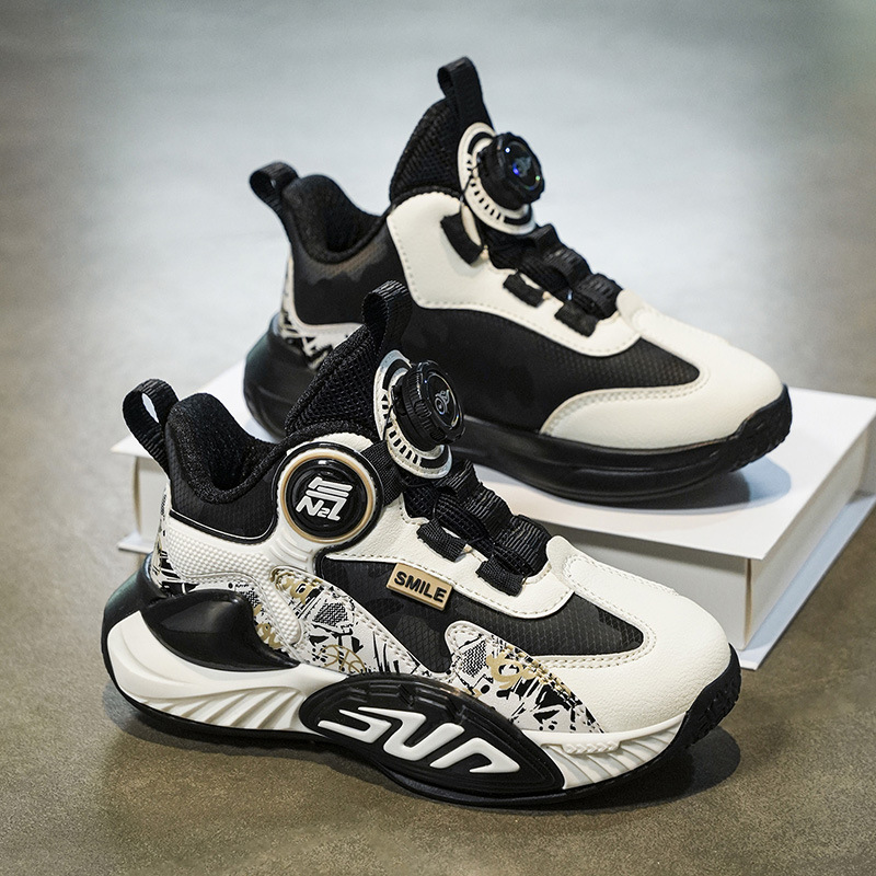 Fábrica de botones de cuero zapatos de baloncesto antideslizantes para niños zapatos de papá al aire libre con suela gruesa transpirable zapatos de carrera