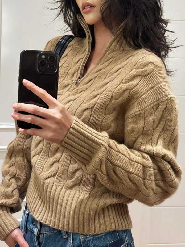 25秋冬新款拉夫半拉链绞花毛衣胸口战马刺绣立领长袖毛衣女宽松|undefined