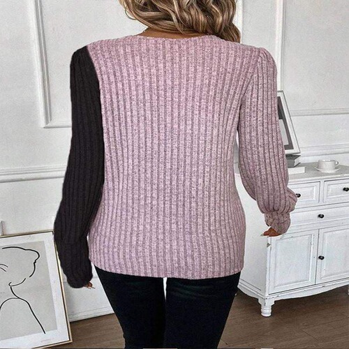 2024 new cross-border foreign trade European and American women Z round neck color-blocking pit strip cross hem long sleeve spring and autumn knitted T-shirt