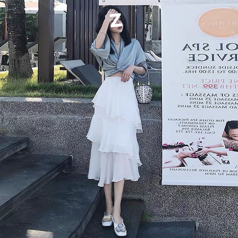 不规则雪纺半身裙女2025夏季中长款高腰a字鱼尾裙百搭白色蛋糕裙